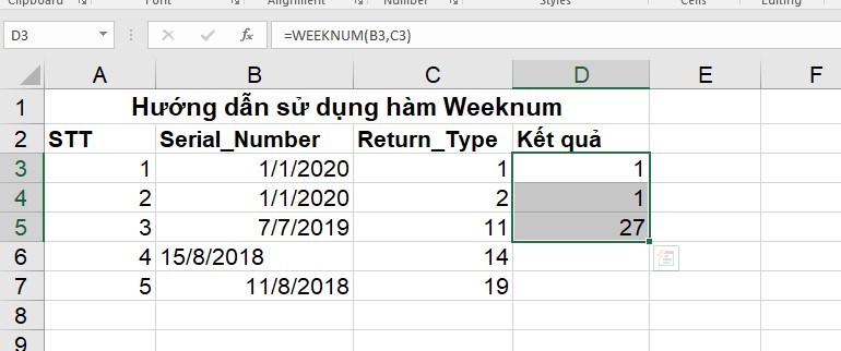 Hướng dẫn sử dụng hàm weeknum kèm ví dụ minh họa