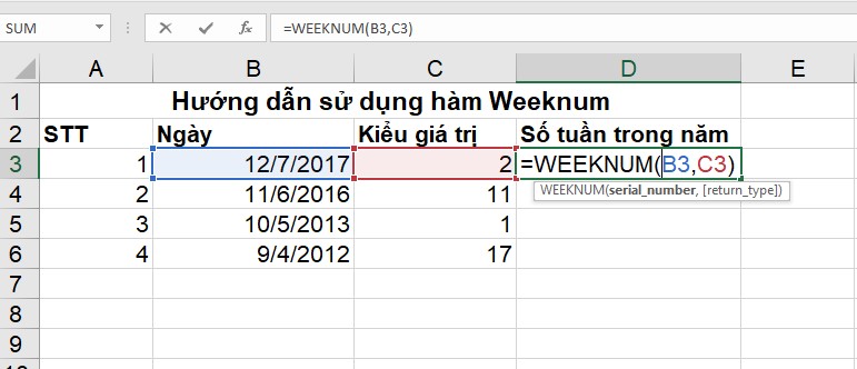 Hướng dẫn sử dụng hàm weeknum kèm ví dụ minh họa