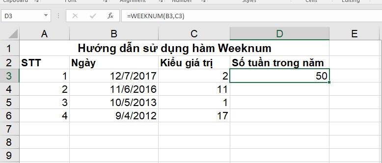 Hướng dẫn sử dụng hàm weeknum kèm ví dụ minh họa