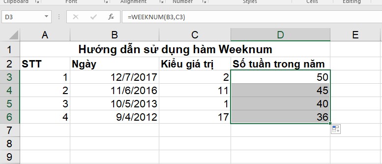 Hướng dẫn sử dụng hàm weeknum kèm ví dụ minh họa