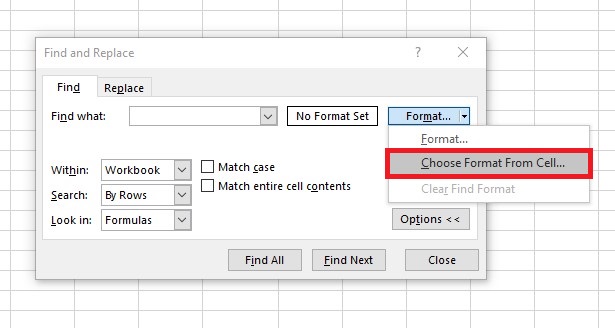 Chọn Choose Format From Cell để tìm kiếm trong Excel