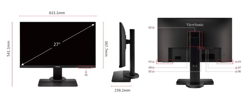 Kích thước và cổng kết nối màn hình ViewSonic XG2705-2K