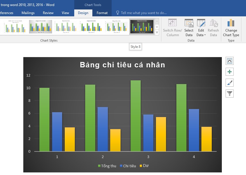 Cách vẽ biểu đồ trong word 2010, 2013, 2016