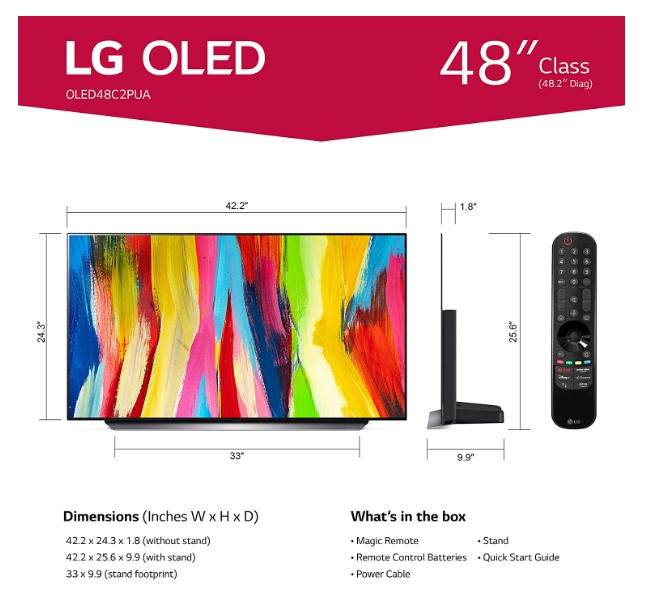 Kích thước màn hình TV LG OLED C2 48 inch Evo