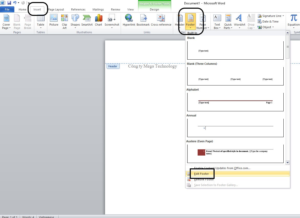 Hướng dẫn xóa hoặc sửa header hoặc footer trong word