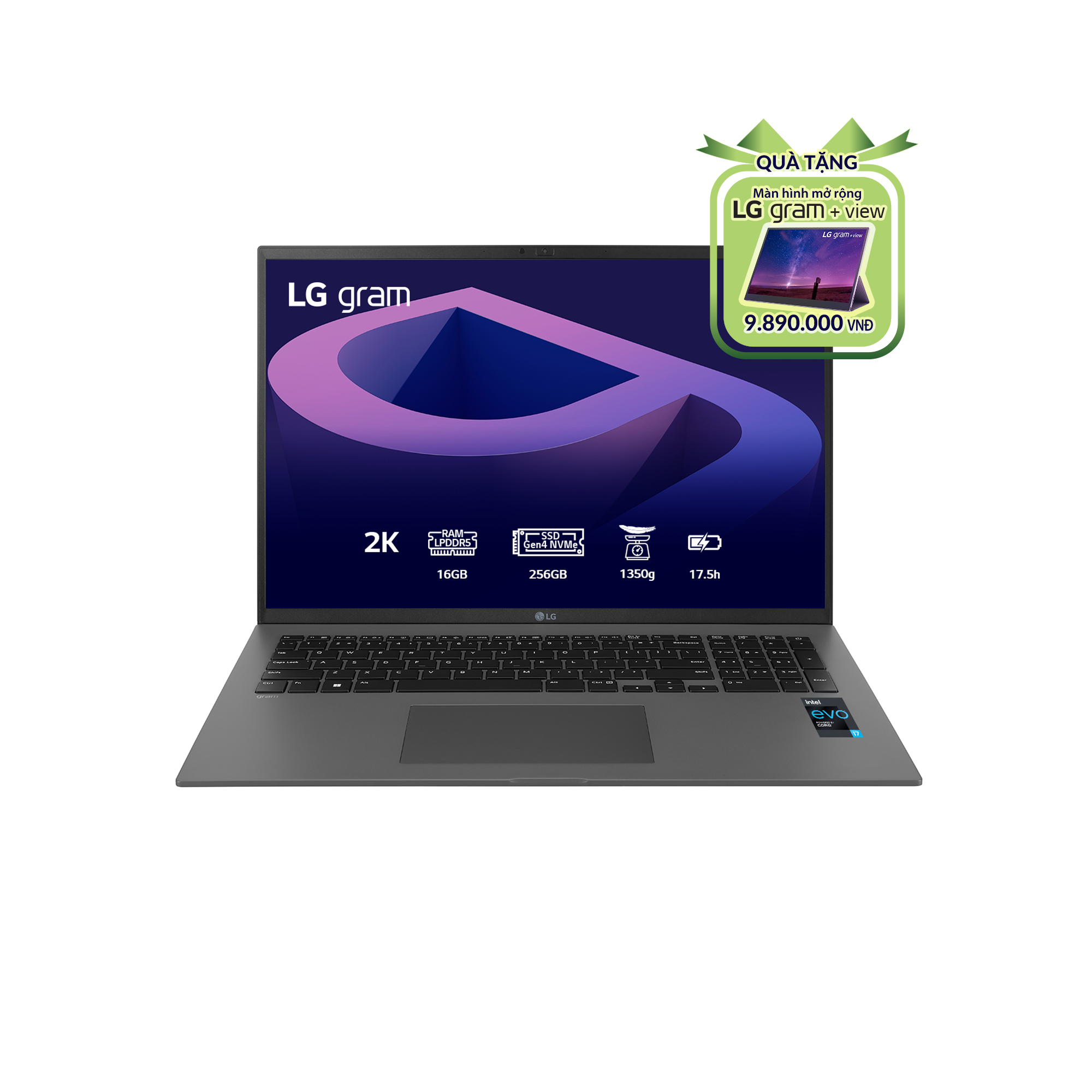 Laptop LG Gram 2022 17ZD90Q-G.AX73A5 Xám (Cpu i7-1260P, Ram 16GB, SSD 256GB, Vga Iris Xe Graphics, 17 inch WQXGA, DOS)