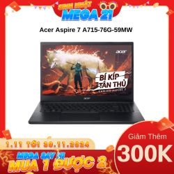 Laptop Acer Aspire 7 A715-76G-59MW (NH.QMYSV.001) Đen (Cpu i5-12450H, Ram 8GB, SSD 512GB, Vga RTX 2050 4GB, 15.6 inch FHD, Finger Print, Win 11 Home)