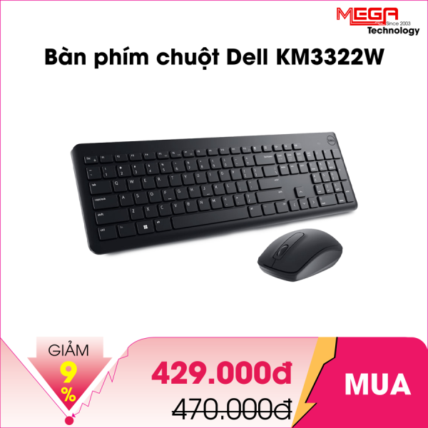 Bàn phím + chuột không dây Dell KM3322W đen