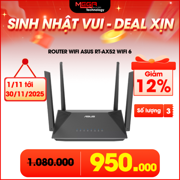 Router Wifi Asus RT-AX52 Wifi 6, chuẩn AX1800 2 băng tần, AiMesh