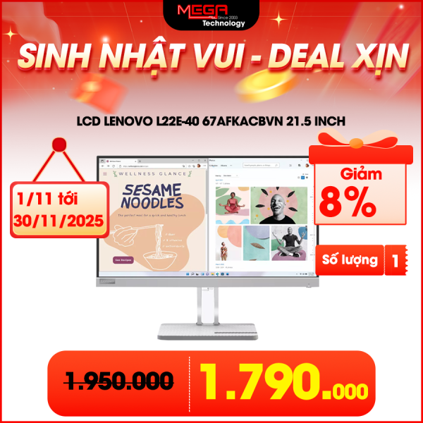 LCD Lenovo L22e-40 67AFKACBVN 21.5 inch (1920x1080) FHD VA, 75Hz, 4ms, màu xám ( VGA, HDMI)