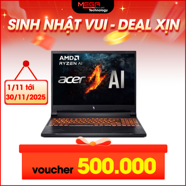 Laptop Acer Gaming Nitro V ANV16-41-R36Y NH.QP1SV.004 Đen ( Cpu Ryzen 7 -8845HS, Ram 16GB, SSD 512GB, Vga RTX 4050 6GB, 16 inch WUXGA 165Hz, Win 11)