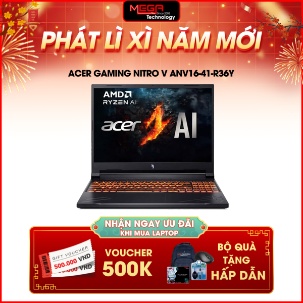 Laptop Acer Gaming Nitro V ANV16-41-R36Y NH.QP1SV.004 Đen ( Cpu Ryzen 7 -8845HS, Ram 16GB, SSD 512GB, Vga RTX 4050 6GB, 16 inch WUXGA 165Hz, Win 11)