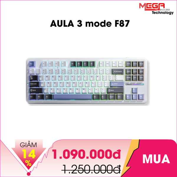 Bàn phím Gaming không dây AULA 3 mode F87 Đen Trắng Xanh dương, Grey Wood V4 Switch