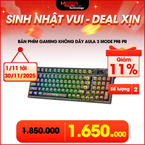 Bàn phím Gaming không dây AULA 3 mode F98 Pro đen, Ice Crystal switch (E8473)