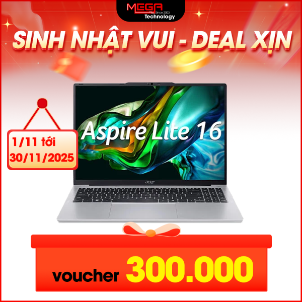 Laptop Acer Aspire Lite 16 Gen 2 AL16-52P-76DU NX.J2SSV.005 Bạc ( Cpu core i7-1355U, Ram 16GBx1, SSD 512GB, Vga Iris Xe Graphics, 16 inch WUXGA IPS 60Hz, Win11 Home, 1Y)