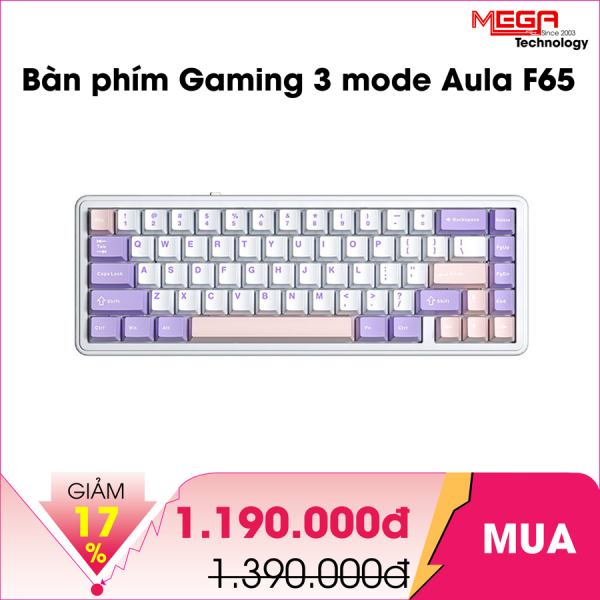 Bàn phím Gaming không dây 3 mode Aula F65 màu Tím, Trắng, Hồng (Nimbus swicth)