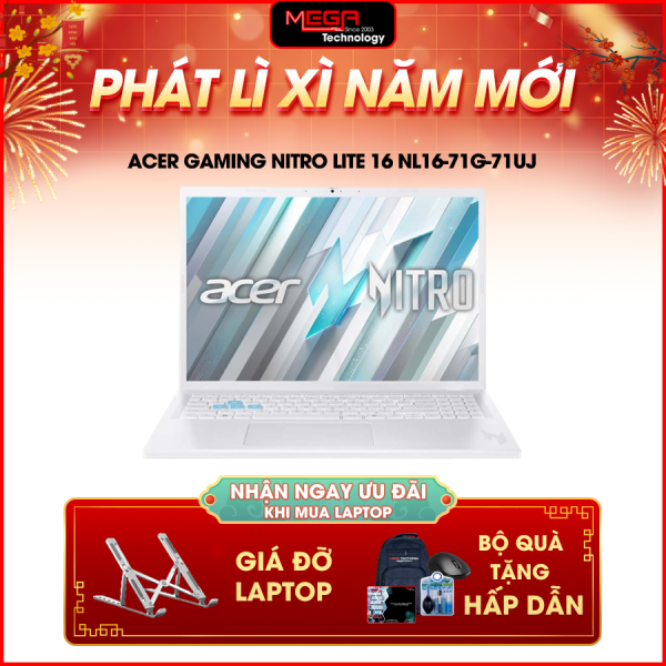 Laptop Acer Gaming Nitro Lite 16 NL16-71G-71UJ NH.D59SV.002 Trắng ( Cpu i7-13620H, Ram 16gb ( 2x8gb) , SSD 512gb , Vga NVIDIA GeForce RTX 3050 6GD6, 16 inch FHD IPS 165Hz, Win 11H, 1Y)