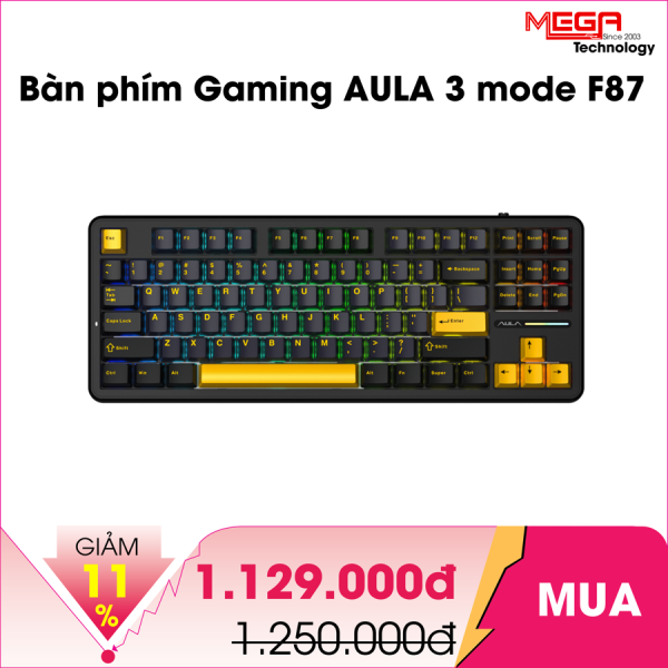 Bàn phím Gaming không dây AULA 3 mode F87 Đen Xanh đậm cam, Grey Wood V3 Switch