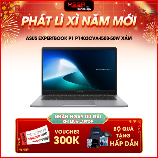 Laptop ASUS ExpertBook P1 P1403CVA-i508-50W Xám ( Cpu  I5-13420H, Ram 8GB, SSD 512GB, Vga Intel UHD Graphics,14.0inch FHD, FingerPrint, Win11,2Y)