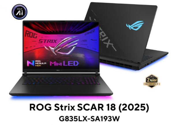 Laptop ASUS ROG Strix SCAR 18 G835LX-SA193W ( Cpu Ultra 9 275HX, Ram 64GB ( 2x32GB), SSD 4TB, Vga GeForce RTX 5090 24GB GDDR7, 18 inch WQXGA 240Hz, Win 11)