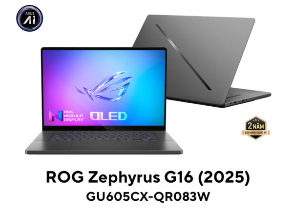Laptop Asus Gaming ROG Zephyrus G16 GU605CX-QR083W Xám (Cpu Ultra 9-285H, Ram 64gb , SSD 2TB , Vga GeForce RTX 5090 24GB GDDR7 , 16 inch 2.5K OLED, Win 11H)