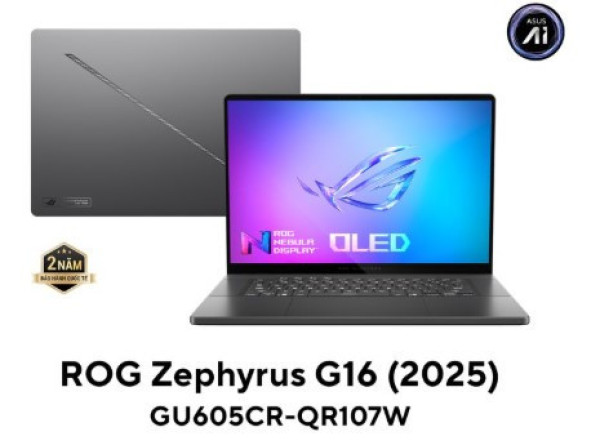 Laptop Asus Gaming ROG Zephyrus G16 GU605CR-QR107W Xám (Cpu U9-285H, Ram 32GB, SSD 1TB, Vga GeForce RTX 5070Ti 12GB GDDR7, 16 inch 2.5K,  Win 11H, Túi, Vỏ nhôm, 2Y)
