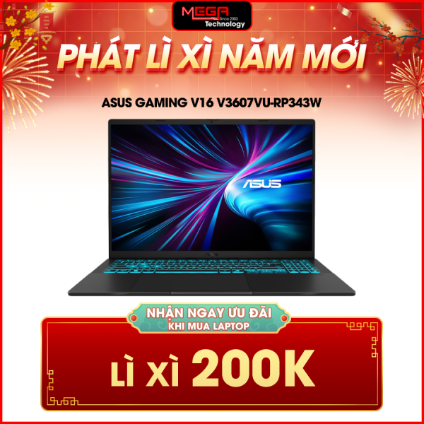 Laptop Asus Gaming V16 V3607VU-RP343W Đen ( Cpu Core 5 210H, Ram 16GB, SSD 512GB, Vga RTX 4050 6GB GDDR6, 16 inch WUXGA 144Hz, Win 11H)