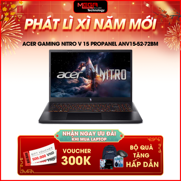 Laptop Acer Gaming Nitro V 15 ProPanel ANV15-52-72BM NH.QZ9SV.004 Đen ( Cpu i7-13620H, Ram 16GB, SSD 512GB, Vga GeForce RTX 5050 8GB GDDR7, 15.6 inch FHD 180Hz, Win 11HSL, 2Y)