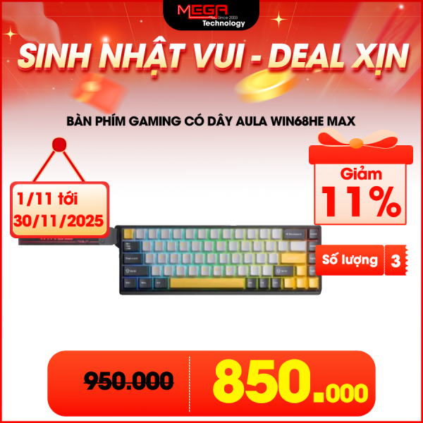 Bàn Phím Gaming có dây Aula Win68HE Max đen xám vàng, Wing Chun magnetic switch - Rapid Trigger