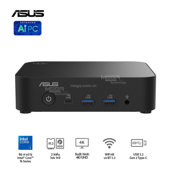 PC Mini ASUS NUC 14 Essential RNUC14MNK9700000 Đen (Cpu N97, 1xDDR5-4800, 1x M.2 22x80, 2242 PCIe Gen3x4, Intel Graphics, 1x LAN, Wifi, NoOS)