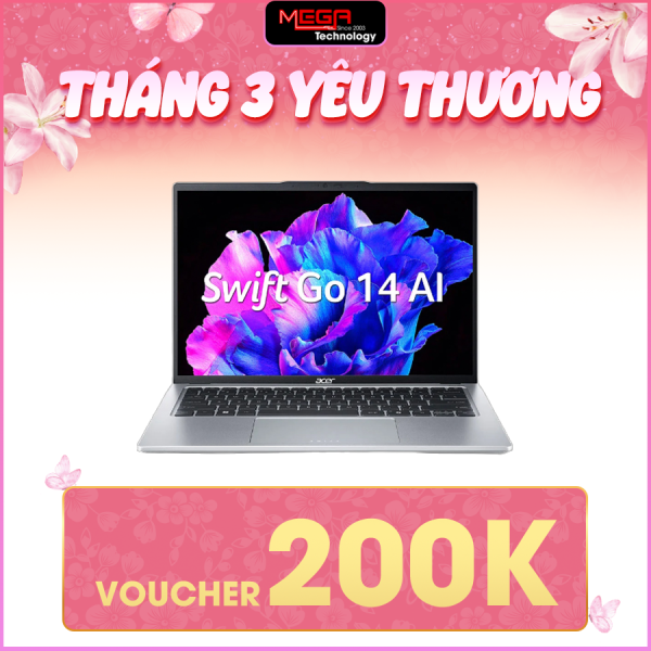 Laptop Acer Swift Go 14 AI SFG14-74T-55HD NX.JF9SV.001 Bạc ( Cpu Ultra 5-225H, Ram 16GB,  SSD 1TB, Vga Intel Arc 130T, Finger Print, Win 11H, 2Y)