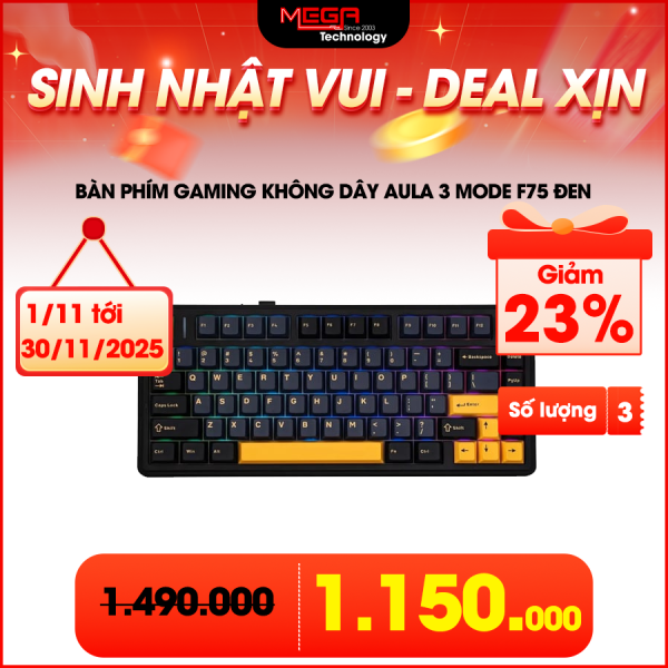 Bàn phím Gaming không dây AULA 3 mode F75 đen, xanh đậm, cam, Reaper Switch