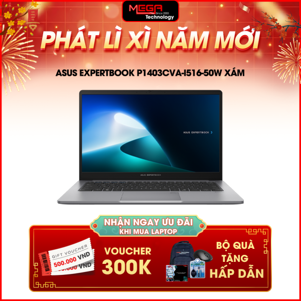 Laptop Asus ExpertBook P1403CVA-i516-50W Xám (Cpu i5-13420H, Ram 16GB, SSD 512GB, Vga Intel UHD, FingerPrint, 14 inch FHD,  Win 11H, 2Y)