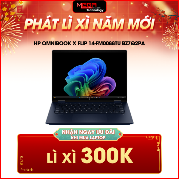 Laptop HP OmniBook X Flip 14-fm0088TU BZ7Q2PA Xanh ( Cpu Ultra 5-226V, Ram 16GB, SSD 512GB, Vga Intel Arc 130V GPU (8GB), LED Keyboard, PEN, 14.0 inch WUXGA - 2K touch, IPS, Win 11H64, Office h24+M365)