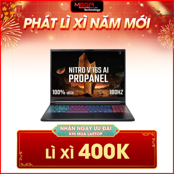 Laptop Acer Gaming Nitro V 16S AI ProPanel ANV16S-71-75LR NH.QXCSV.002 Đen (Cpu Core 7-240H, Ram 32GB (2x16GB), SSD 512GB, Vga RTX 5060 8GB GDDR7, 16.0 inch 2K+, Win 11HSL, 2Y)