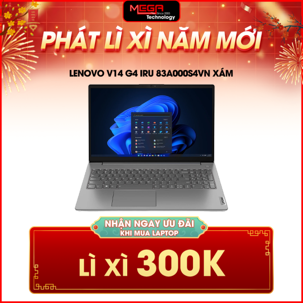 Laptop Lenovo V14 G4 IRU 83A000S4VN Xám (Cpu i3-1315U, Ram 8GB, SSD 512GB, Vga Intel UHD Graphics, 14.0 inch FHD IPS, Win 11SL, 2Y)