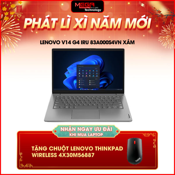 Laptop Lenovo V14 G4 IRU 83A000S4VN Xám (Cpu i3-1315U, Ram 8GB, SSD 512GB, Vga Intel UHD Graphics, 14.0 inch FHD IPS, Win 11SL, 2Y)
