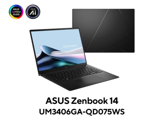 Laptop Asus Zenbook 14 UM3406GA-QD075WS Đen (Cpu Ryzen AI 7 445, Ram 16GB, SSD 512GB, Vga AMD Radeon Graphics, 14.0 inch WUXGA OLED, Win 11H, Office H24+M365, 2Y)