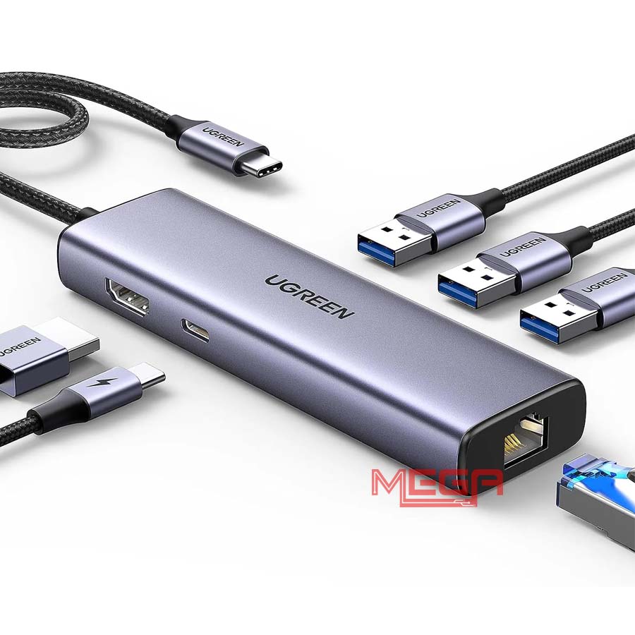 Bộ chuyển đổi USB-C đa năng 6 in 1 Ugreen 15598, HDMI 4K@30Hz + 3x USB 3.0 + Lan 1Gbps + PD100W