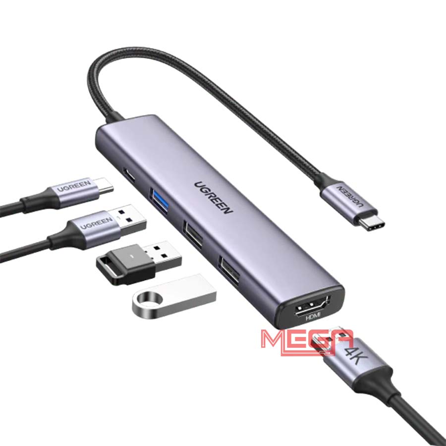 Bộ chuyển đổi Type-C sang 2*USB-A 2.0 + USB-A 3.0+HDMI+PD hỗ trợ 4K Ugreen (15495)
