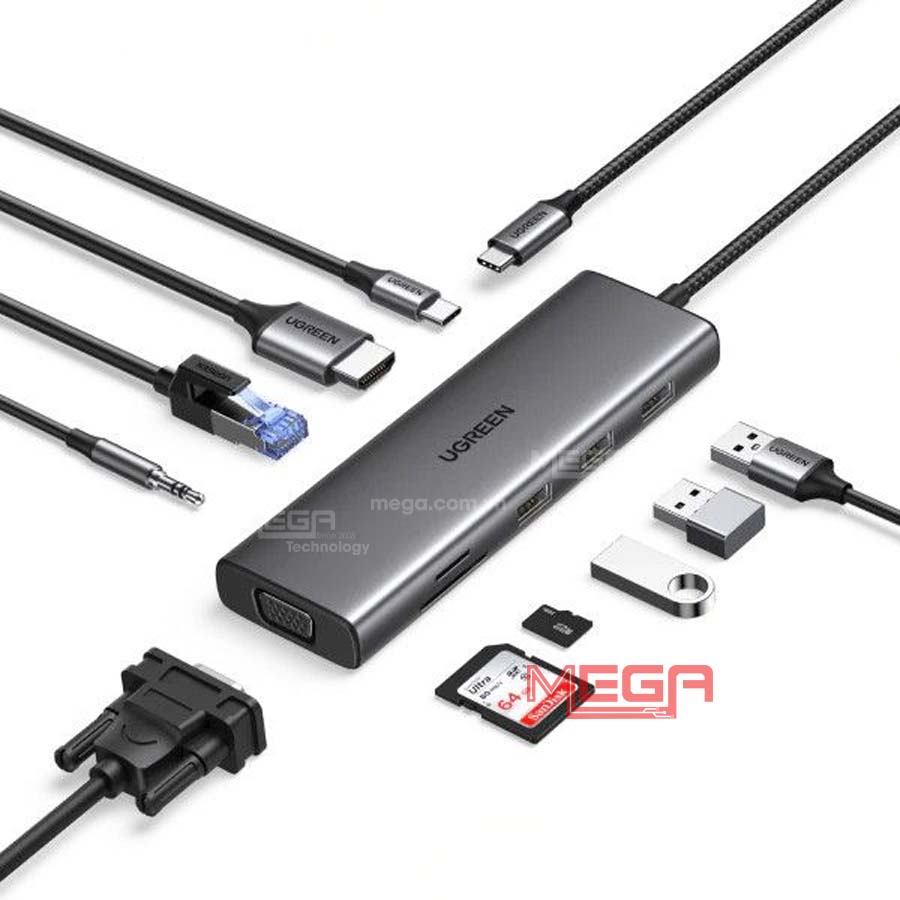 Bộ chuyển đổi USB-C sang 3*USB 3.0+HDMI+VGA+RJ45+SD/TF+3.5mm+PD Ugreen 15601